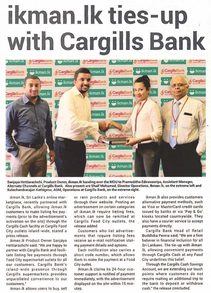 ikman.lk ties-up with Cargills Bank