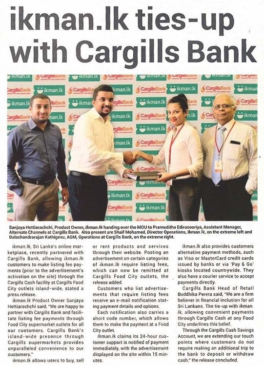 ikman.lk ties-up with Cargills Bank